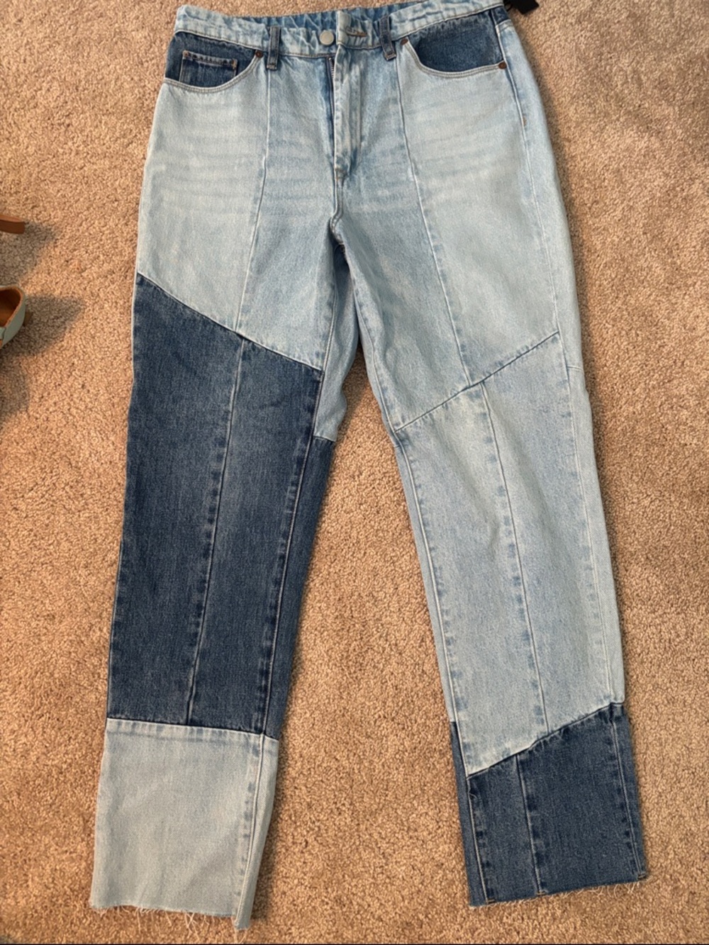 Blank NYC Two-Tone Patchwork Straight Leg Jeans - Light & Dark Blue